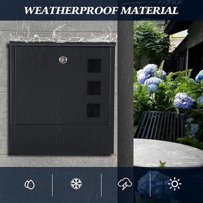 KYODOLED Locking Wall Mount Mailbox for Outside, Key Lock, Black | Heavy-Duty Steel, Large Capacity, Holds Newspapers, Magazines & Envelopes, Weather Resistant, Home & Residential Use