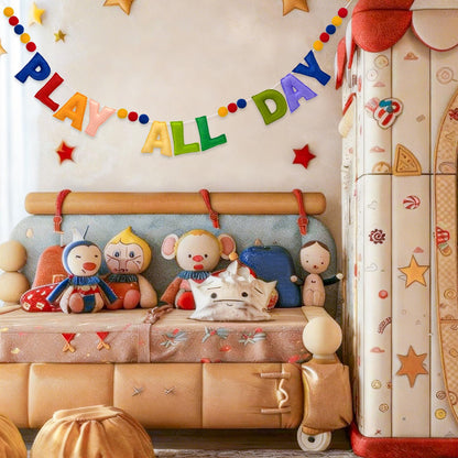 Pre-Strung Retro Play All Day Felt Banner Reusable Play Sign Play All Day Wall Hanging Felt Garland for Kids Nursery Playroom Wall Decor Boys Girls Playhouse Decor Toy Room Classroom Decoration