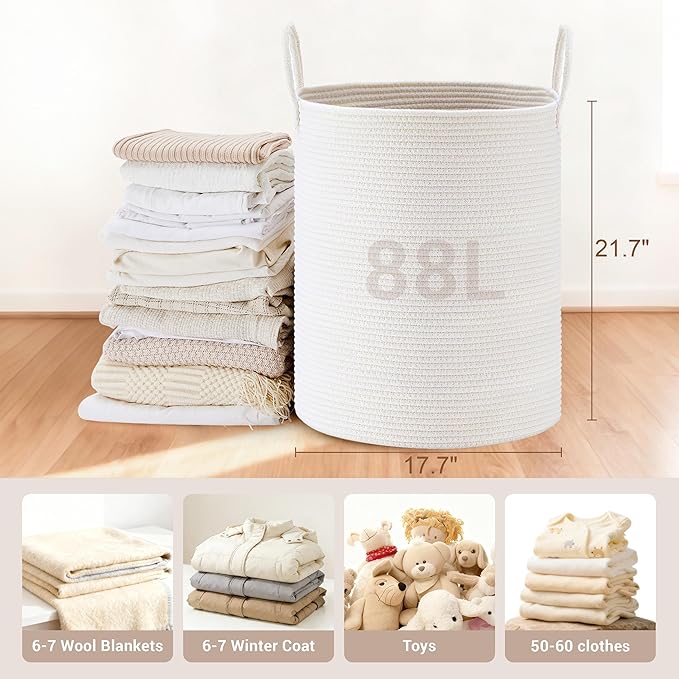 Tall Laundry Basket with Handles, 88L Portable Dirty Clothes Hamper, Boho