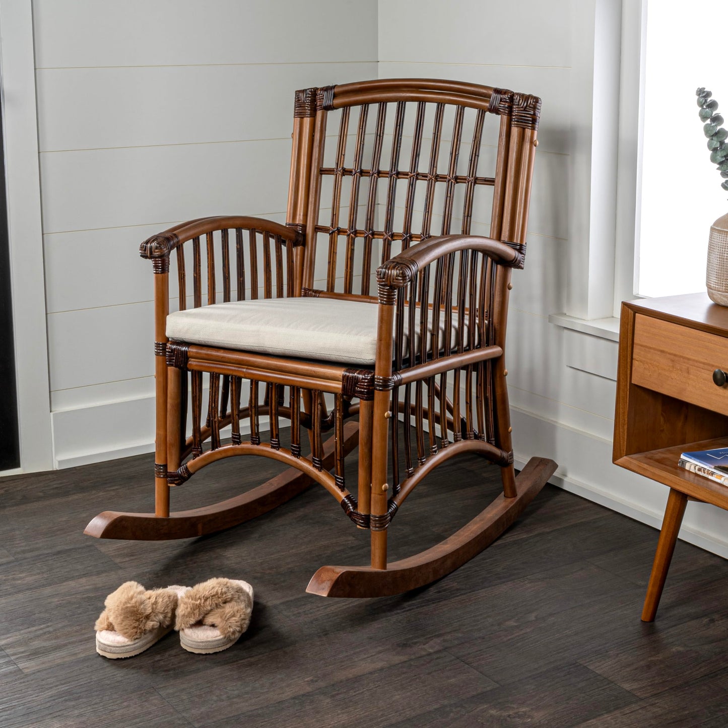 JONATHAN Y Swayze Mango Wood and Rattan Rocking Chair with Cushion, 39" H Bohemian Indoor Accent Armchair for Nursery or Living Room, Brown RCK200A