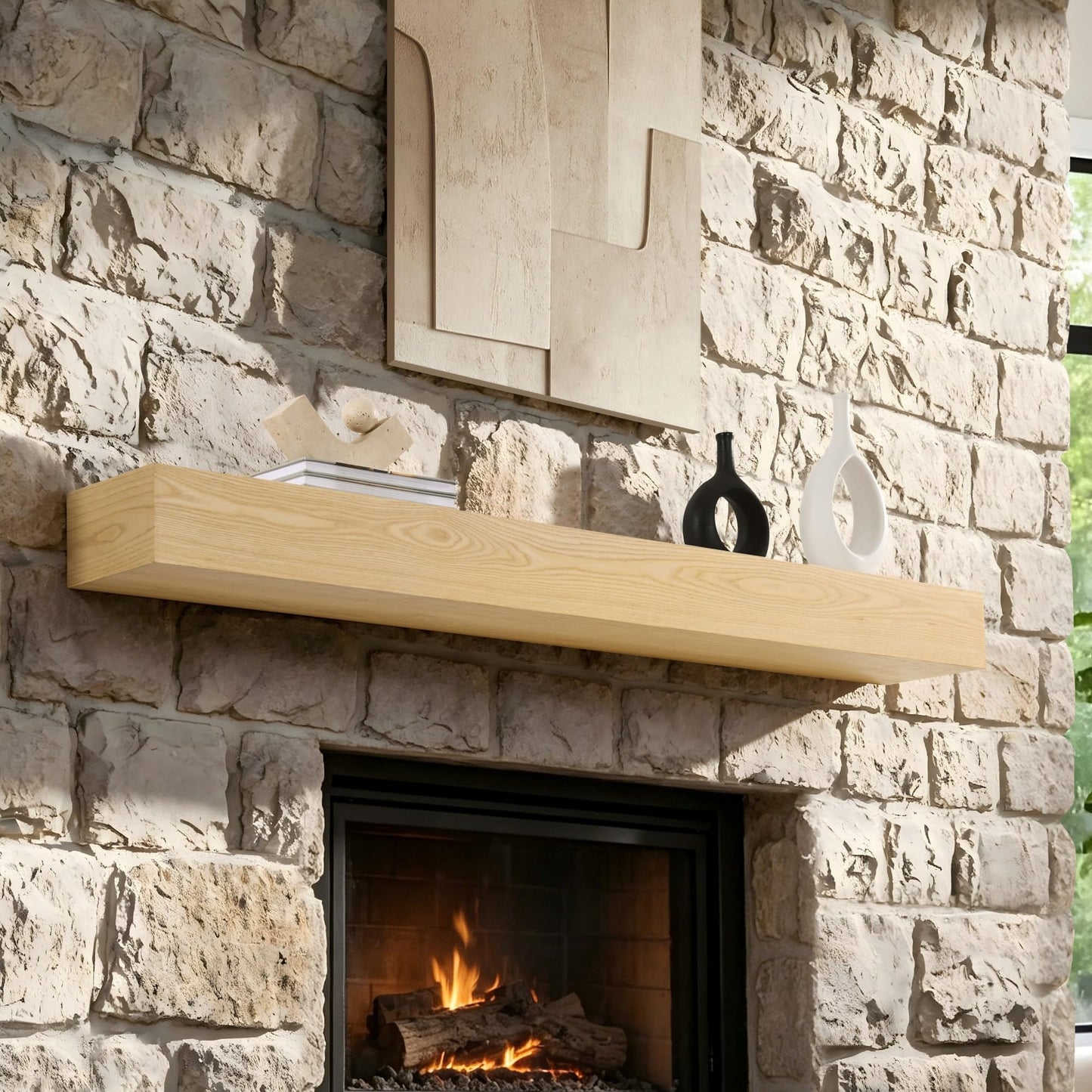 60" Real Oak Fireplace Mantel, Floating Mantle, Simple Install, Light Color
