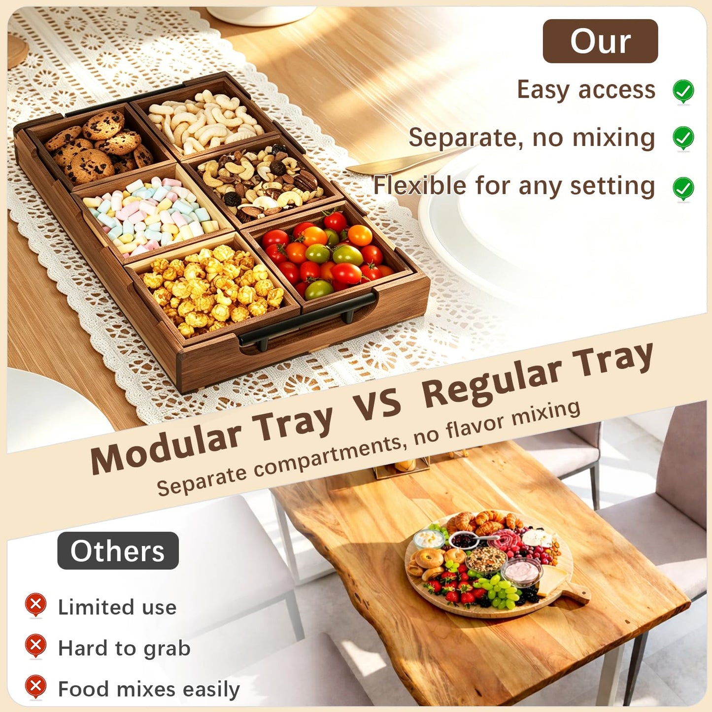 Exttlliy Acacia Wooden Modular Serving Tray with Handle, Set of 6 Rectangular Trays for Charcuterie, Fruit, Snacks, Appetizers & Desserts, Serving Platter for Parties, Home Decor & Coffee Table
