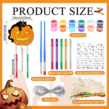 JellyArch 30 Pack Halloween Wind Chime Making Kit for Adults Make Your Own Halloween Wind Chime Ghost Pumpkin Bats DIY Crafts Wooden Ornaments for Activity Birthday Decoration