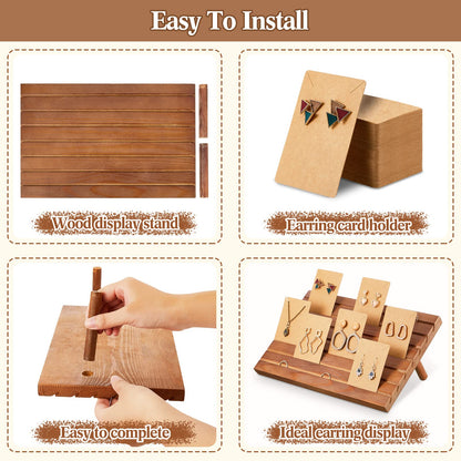 Blulu 31 Pack Wooden Earring Display Stand 7 Slots jewelry Display Holder with Earring Card for Selling Vendors Retail Show(Light Brown)