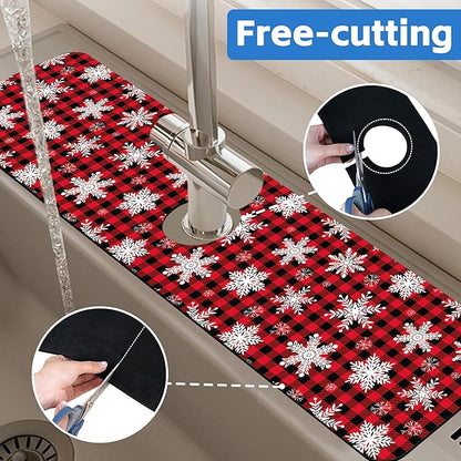 Christmas Snowflake Kitchen Sink Splash Guard Mat Buffalo Plaid Absorbent Fast