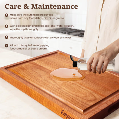 Empune Cherry Wood Cutting Boards for Kitchen Wooden Cutting Board with Handle, Chopping Board with Built-in Juice Groove & Well, Heavy-duty Charcuterie Board Butcher Block, 16.5x11.8x1.4 Inches