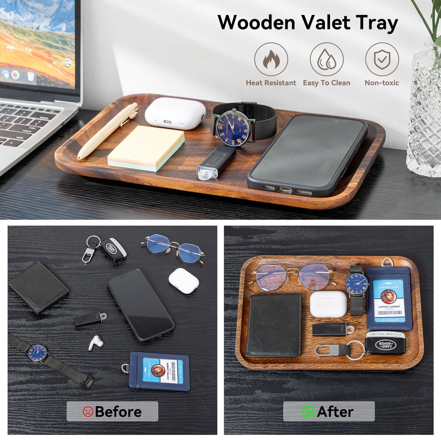 2PCS Serving Wood Valet Tray for Men Women, Catch All Acacia Mens Key Dump Bedside Nightstand Organizer EDC Decorative Wooden Tray for Phone Watch Wallet Keys