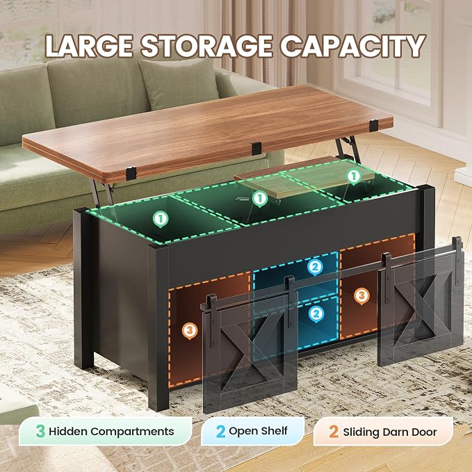 SEDETA Lift Top Coffee Table, 4 in 1 Multi-Function Convertible Coffee Tables with Storage and Hidden Compartment, Farmhouse Coffee Table Converts to Dining Table for Living Room, Black Brown
