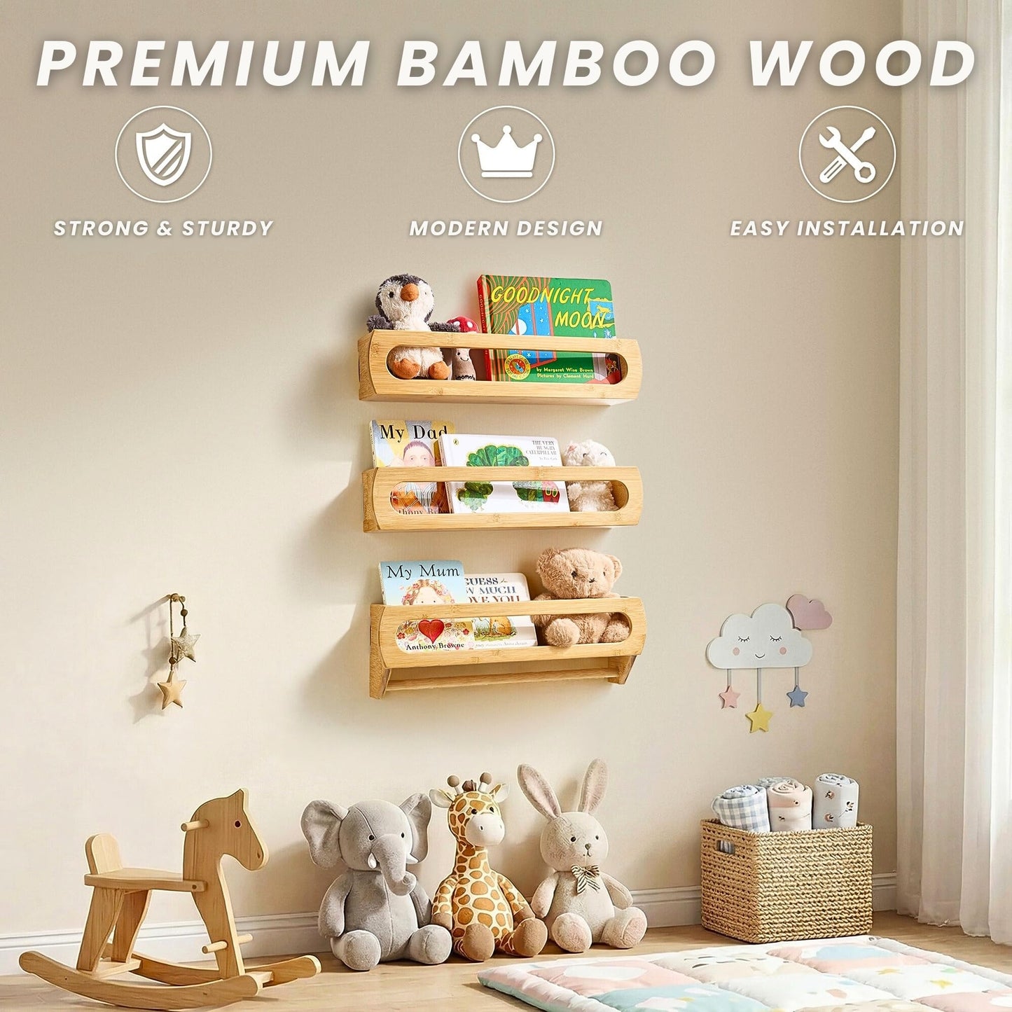 Homewisp Nursery Shelves for Wall, Premium Bamboo Wood, Fully Assembled - Nursery Book Shelves, Book Shelf for Kids Rooms, Multi-Use Floating Shelves for Wall, Set of 3 (Natural, 16.5 Inches)
