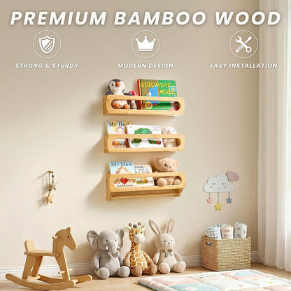 Homewisp Nursery Shelves for Wall, Premium Bamboo Wood, Fully Assembled - Nursery Book Shelves, Book Shelf for Kids Rooms, Multi-Use Floating Shelves for Wall, Set of 3 (Natural, 16.5 Inches)