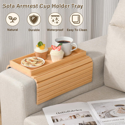 YUBAMIN Bamboo Sofa Arm Tray, Anti-Dropping Couch Arm Tray, Foldable Sofa Armrest Tray Couch Arm Table for Eats, Drinks, Snacks, Remote, Cellphone, Cup Holder, Back Anti-Slip Pad Design