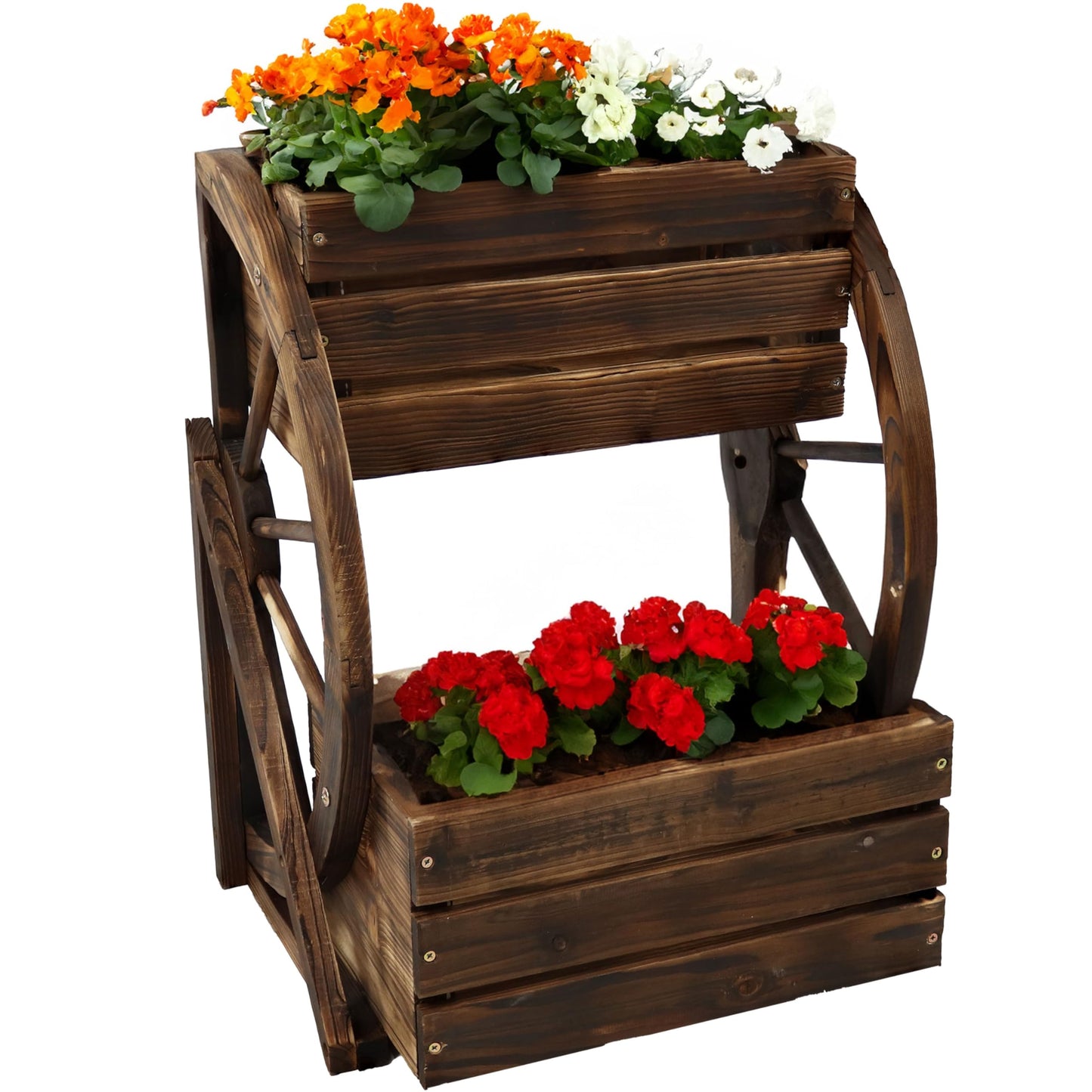 Sunnydaze Wagon Wheel 2-Tier Rustic Wood Plant Stand - Tiered Garden Box - For Patio, Garden, or Front Porch - Charred Fir Wood