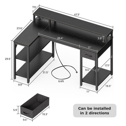 SUPERJARE 47 inch L Shaped Gaming Desk with LED Lights & Power Outlets, Reversible Computer Desk with Shelves & Monitor Stand, Corner Desk with Drawer, for Home & Office, Black
