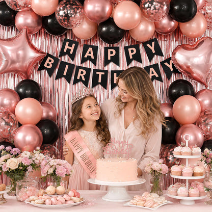 Black Rose Gold Birthday Decorations for Women Girls,Rose Gold Latex Balloons with Happy Birthday Banner,Fringe Curtain,Cake Topper,Sash and Crown for Birthday Party Supplies