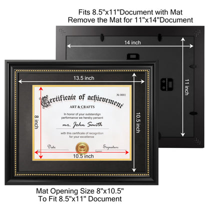 Yaetm 11x14 Diploma Frame, Certificate Frame with Tempered Glass, Display 8.5x11 Document with Black Over Gold Acid-free Mat, Degree Frames for Wall and Tabletop, Black with Gold Beads, 1 Pack