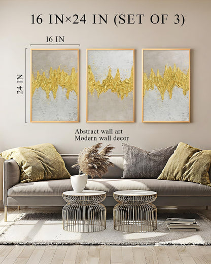 VIYYIEA Metal Framed 3D Texture Large Wall Art Set 3 Pcs Modern Neutral Artwork Abstract Gold Textured Painting Canvas Print for Living Room Bedroom Dining Room Office Gallery - 16x24 inch