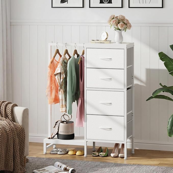 HIGDBFE Tall Dresser 44''H with Hanging Rack, 4 Drawers Small Closet Dresser for Bedroom, Reversible Fabric Chest of Drawers with Clothes Rack, Tall Storage Tower, Sturdy Frame, White