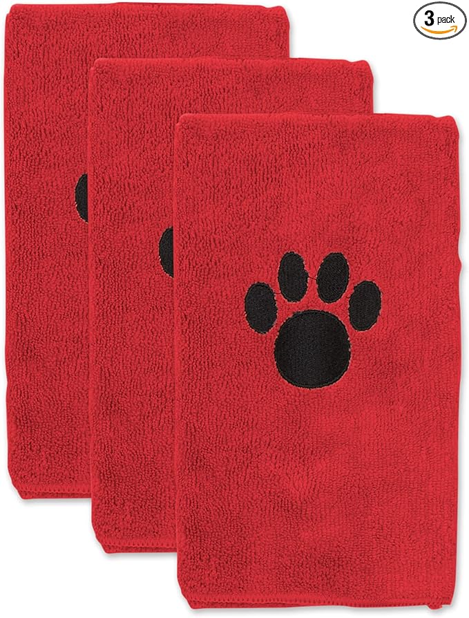 Bone Dry Pet Grooming Towel Collection Embroidered Absorbent Microfiber Drying Set, 15x30, Red, 3 Count