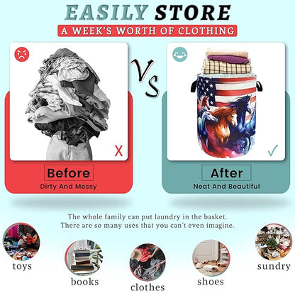 American Flag Horse Laundry Basket Patriotic Foldable Funny Laundry Hamper