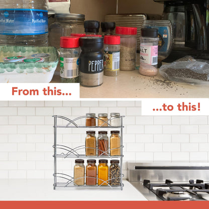 Spectrum 3 Tier Spice Rack Organizer Black Countertop Wire Shelf Spice Rack for Modern Kitchen Pantry Cabinet, Organize Spices with Three Tier Spice Shelf for Kitchen Storage with Wall Mount Option