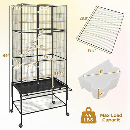 69 Inch Large Bird Flight Cage Rolling Parrot Cage with Storage Shelf for Mid-Sized Birds, Macaw Cockatiels Conures Parakeets Budgie Finch Black