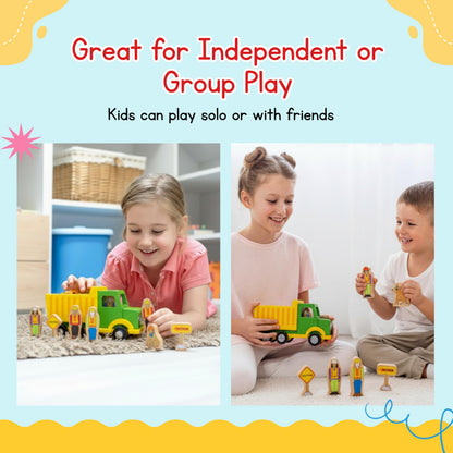 Jack Rabbit Creations- Construction Crew Magnetic Truck- 8 Piece Wooden Playset- Includes Dump Truck, Traffic Signs, Dog and Construction Workers-Motor Skills Toy- Toddlers 3+