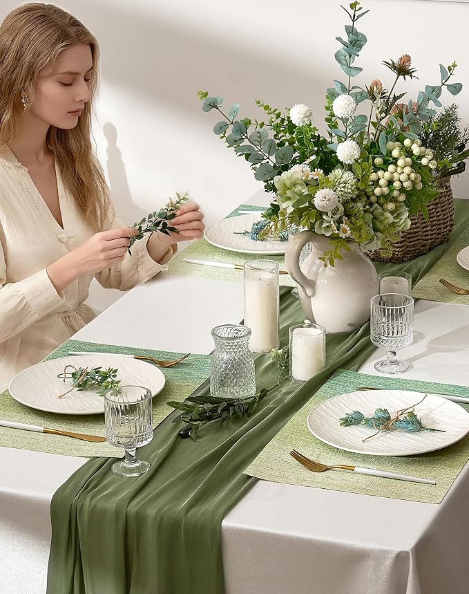 Leetaltree Gradient Green Woven Placemats Set of 12 - Heat Resistant Non-Slip Place mats for Dining Table, Washable Durable PVC Vinyl Woven Table Mats(Gradient Green, 12)