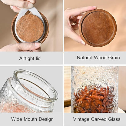 Adodeen 24oz Vintage Glass Canister With Lid Small Glass Jars Wide Mouth Mason Jars Airtight Coffee Canisters Kitchen Storage Containers For Sugar Tea Spice Flour Candy Cookie Cereal Cute Decorative