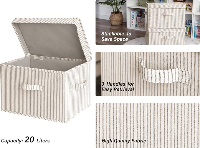 StorageWorks Fabric Storage Bins with Lid, Decorative Storage Boxes for Shelves, Stackable Closet Organizer Basket with Handles, Large, Khaki and Beige Stripes, 2-Pack