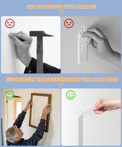 PPB 2 Rolls Double Sided Tape Heavy Duty - Removable Mounting Tape for Poster Carpet Picture Hanging Strip Rug Wall Outdoor - Clear & Strong Nano Tape Adhesive Multipurpose