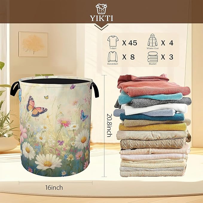 Spring Flowers Laundry Hamper, Watercolor Garden Wildflower Butterfly