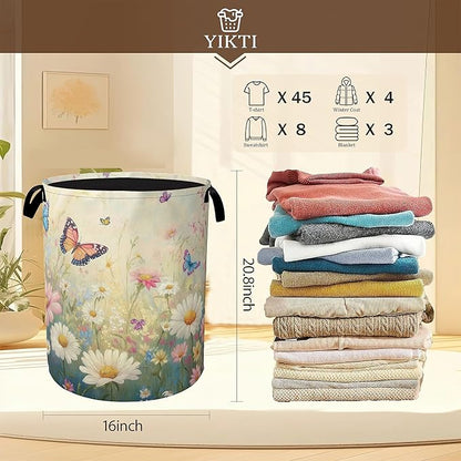 Spring Flowers Laundry Hamper, Watercolor Garden Wildflower Butterfly
