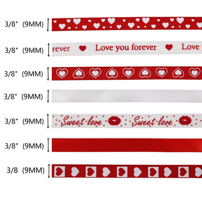 SCECALA 7 Rolls Red Ribbon (35 Yards Total) - Gold Foil Stamped Love You Forever Polyester Heart White Ribbon 0.63" for Gift Wrapping, Flower Bouquets, DIY Crafts, Party Decorations