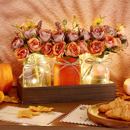 VAIPI Fall Decor Mason Jar Centerpiece Table Decorations with 3 Jar Flowers String Lights and Wooden Tray Fall Decorations for Home Dining Room Farmhouse Autumn Wedding Kitchen Living Room Bathroom