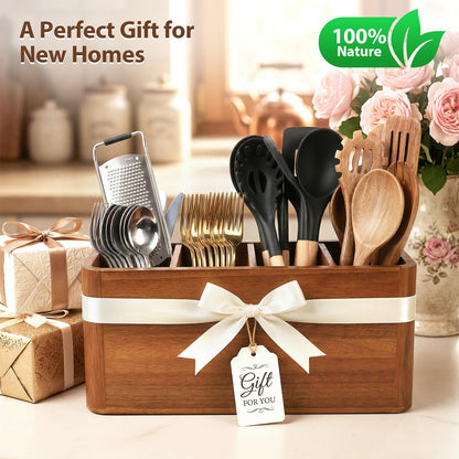 powerful xishan Kitchen Utensil Holder for Countertop with 3-Piece Wooden Utensil Set, Extra Large Acacia Wood Utensil Organizer, 4-Compartment Storage for Cooking Utensils, Silverware and Cutlery