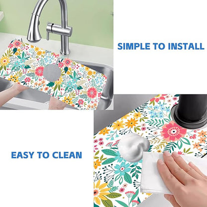 Colorful Floral Leaves Berries Kitchen Sink Splash Guard Mat Absorbent Fast