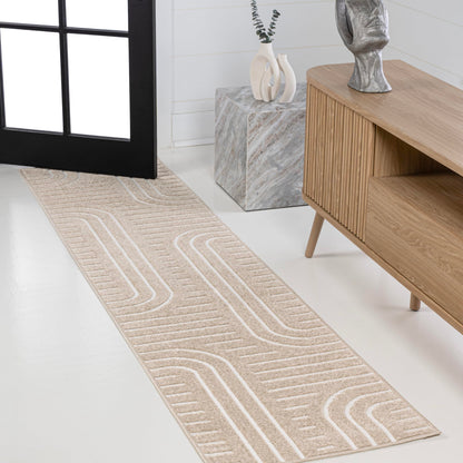 JONATHAN Y High-Low Arch Stripe Two-Tone Beige/Cream 2x8 Indoor/Outdoor Runner Rug, Anders MidCentury Modern, for Patio, Backyard, Living Room, Bedroom, Office, Hose-Washable (SCN107C-28)