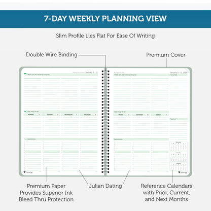 Planner Pad Spiral Bound January-December 2026/ Calendar Year 8 1/2" x 11" Large 3-Tier Funnel Down 12 Month Organizer, Greenish Grey Cover/Soft Green Ink