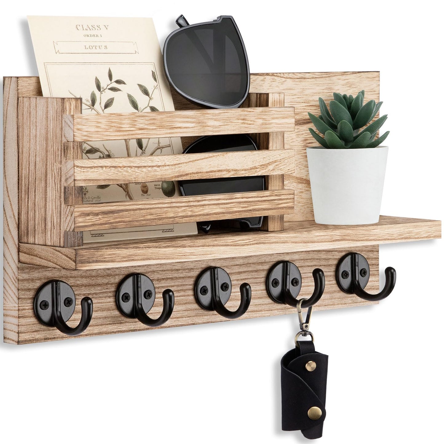 Lwenki Key Holder for Wall – Decorative Wooden Mail Holder and Key Shelf with Mounting Hardware, Installation Guide – Paulownia Wood with Metal Key Hooks (Wood, Large - 11.8inch)