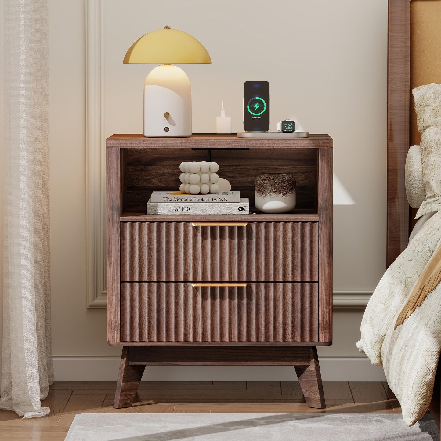 Baoz Walnut Fluted Nightstand with Charging Station & 2 Drawers for Bedroom
