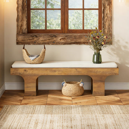 LITTLE TREE 55.2" Dining Bench with Linen Cushion, End of Bed Upholstered Bench, Farmhouse Entryway Bench for Hallway, Living Room, Bedroom, Kitchen