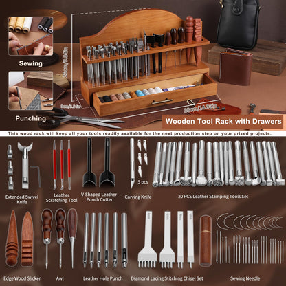 BUTUZE Leather Tools, Leather Crafting Kit with Leather Tool Rack, Leather Working Tools Kit for Adults and Tool Supplies for Carving, Stamping, Engraving, Sewing, Cutting, Punching and DIY Crafts