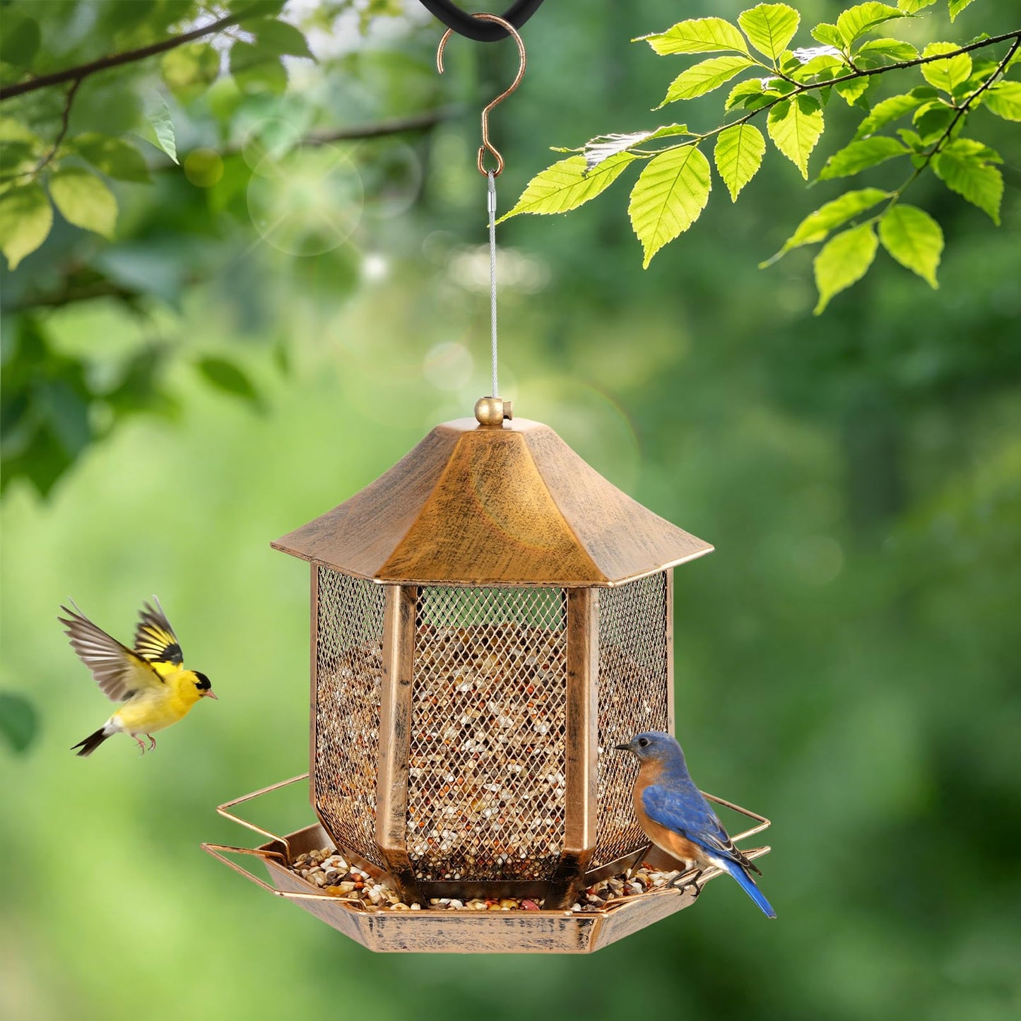 Bird Feeder, Heavy Duty Metal Bird Feeders for Outdoors Hanging, Weather Resistant Wild Bird Feeders for Outside Garden Yard, 3.5LB Seed Capacity, Hexagon Gazebo Style