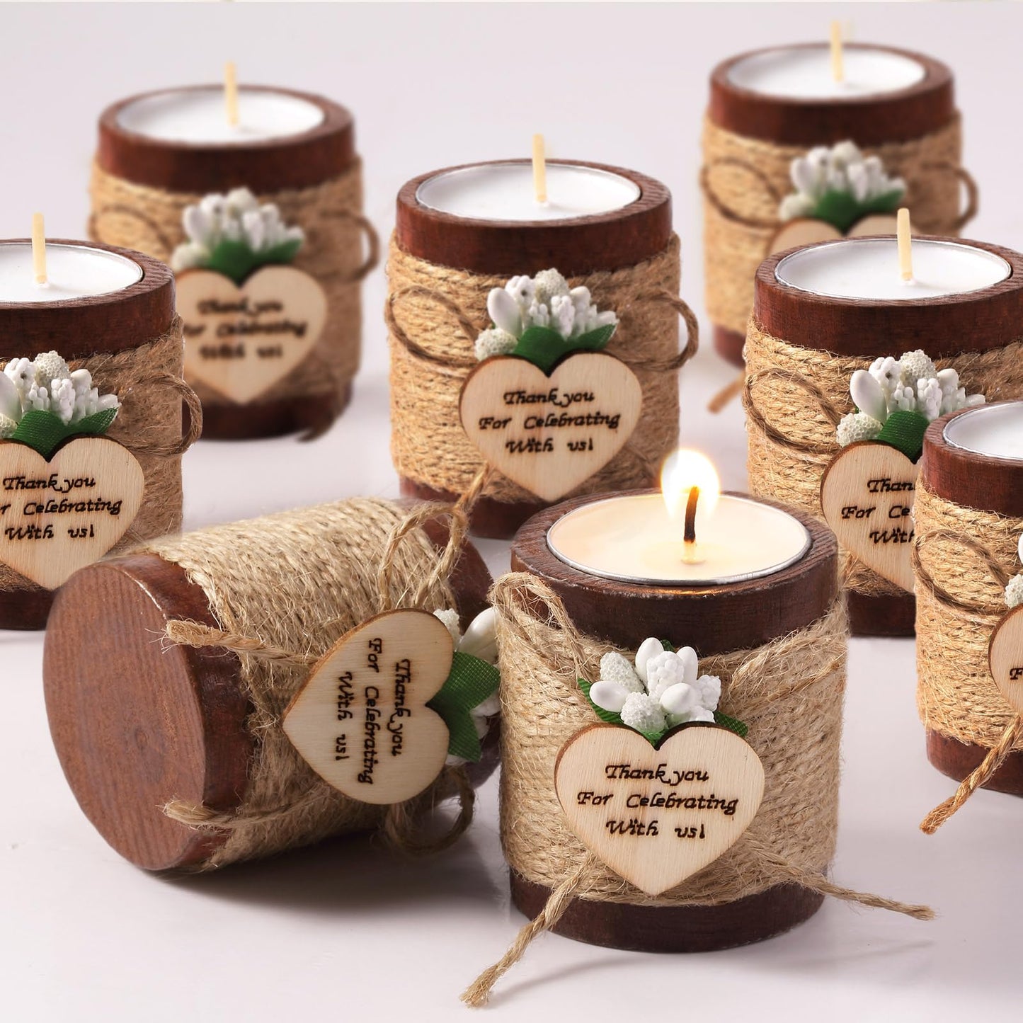Treela 12 Pcs Wood Tealight Candle Holder Bridal Shower Tealight Holder Rustic Wooden Cylinder Candle Holders with Tea Lights Candles for Wedding Baby Shower Party Favors Gift(Brown)