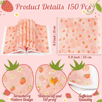 GROBRO7 Strawberry Wax Paper Sheet - 150Pcs Summer Fruit Themed Food Deli Papers with Flower, 9.8 x 8.3in Greaseproof Waterproof Disposable Pink Wrap for Sandwich Picnic Basket Liner Party Supplies
