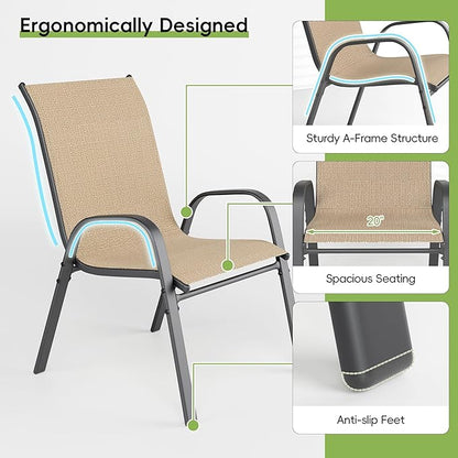 Patio Chairs Set of 6, Outdoor Dining Chairs Stackable for All Weather, Breathable Metal Modern Outside Furniture Chair for Pool Side, Garden, Backyard Deck, Brown