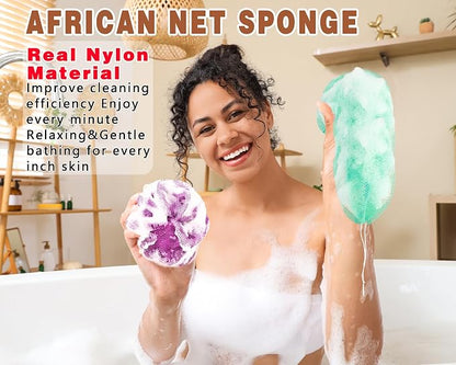 2 Pack African Net Sponge Exfoliating Body Scrubber Bath Sponge for Daily Use (Light Purple +Seafoam)
