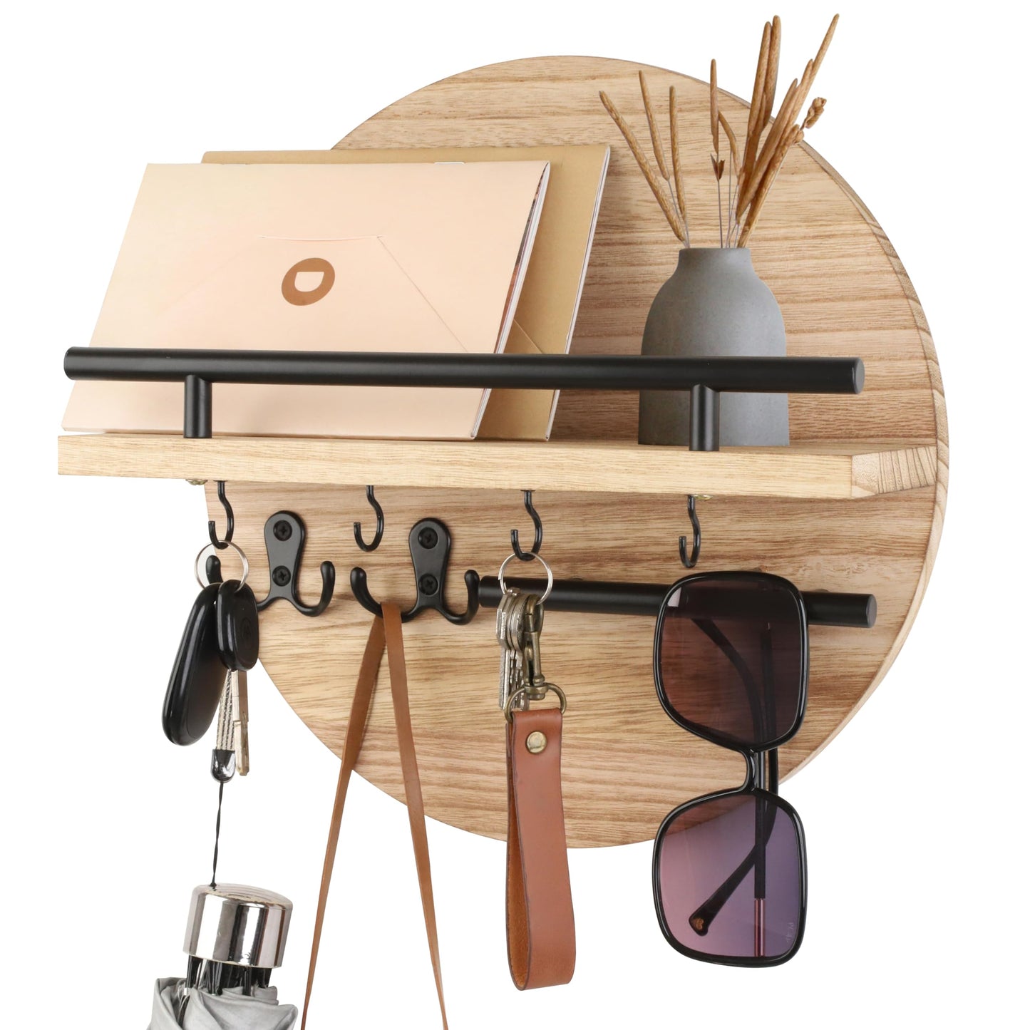 Gurfuy Key Holder for Wall with Shelf - Wood Mail Organizer and Rack with Shelf Hooks Wall Mounted for Entryway Decor Magazines Letter Storage Farmhouse Living Room Bedroom Doorway (Nature)
