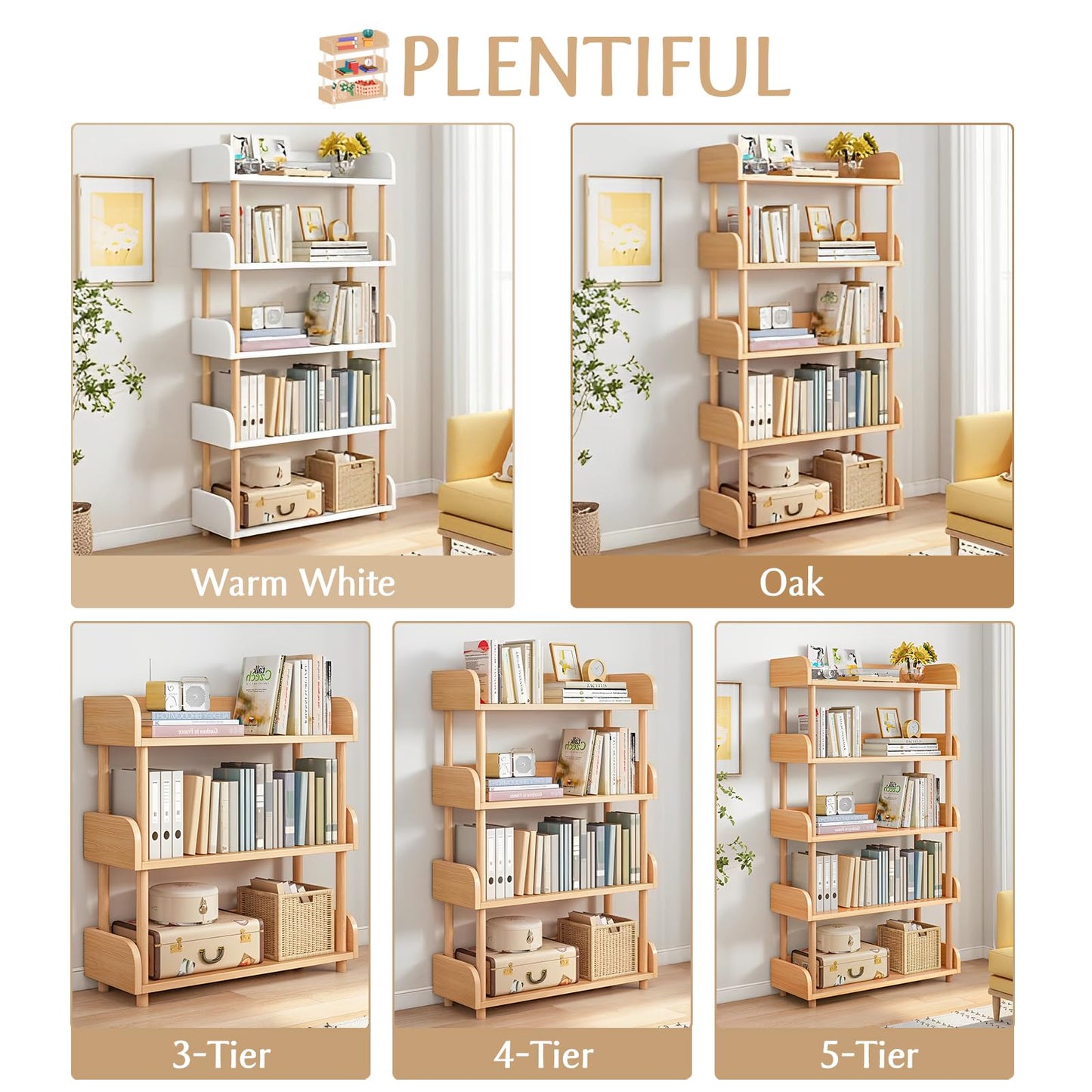 OSCHF 5-Tier Wooden Open Bookcase - Modern Display Bookshelf with Top Edge and Solid Wood Frame for Home and Office, Storage Cabinet, Oak
