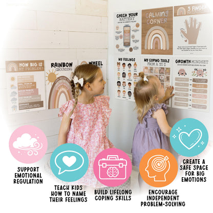 Hadley Designs 9 Calming Corner Posters for Classroom Must Haves - Calm Down Corner Supplies with Emotions Chart, School Counselor Mental Health Poster, Feelings Chart For Kids, Boho Classroom Decor